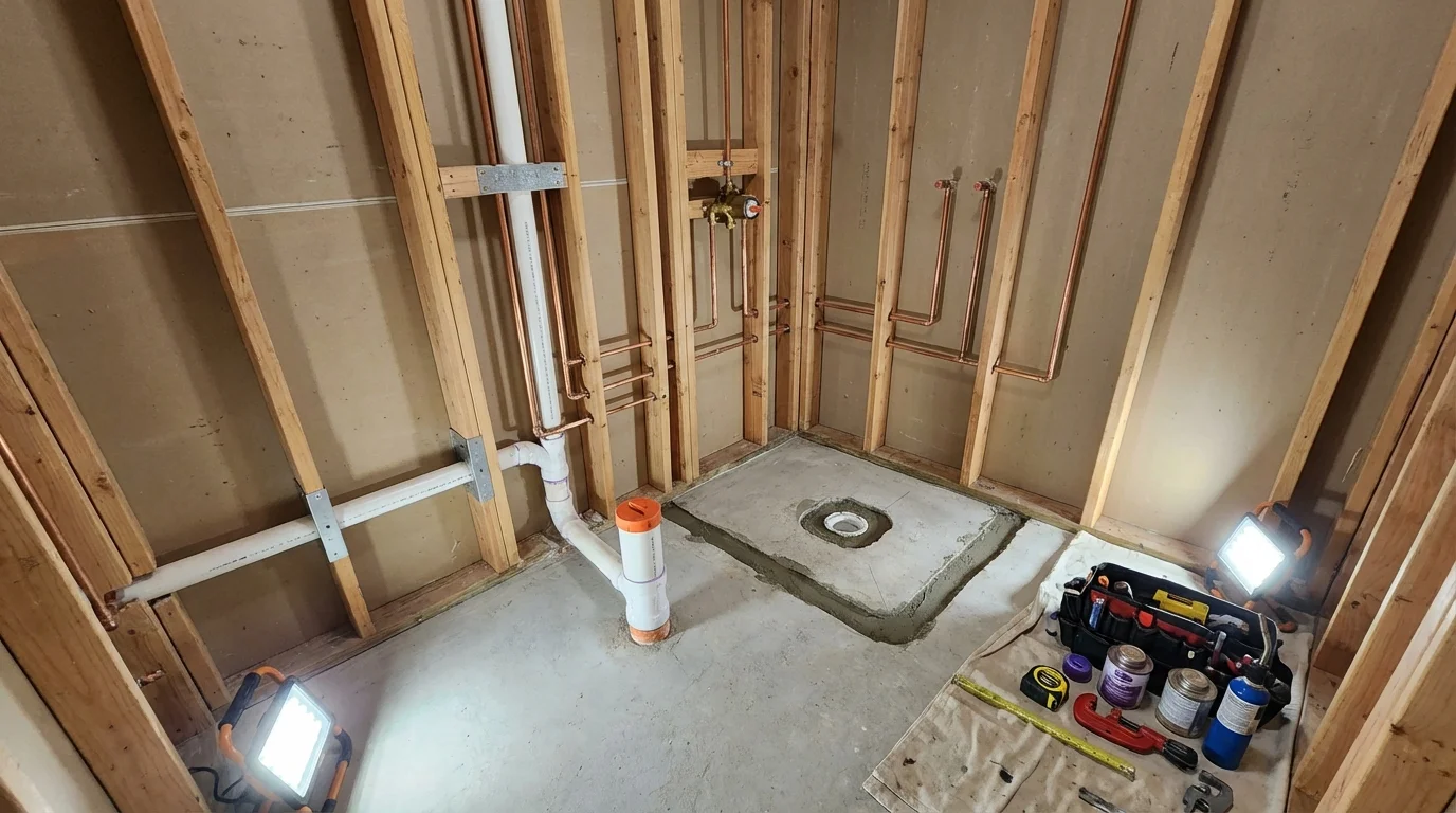 Bathroom rough-in plumbing during remodel by Johns Plumbing LLC in Bells