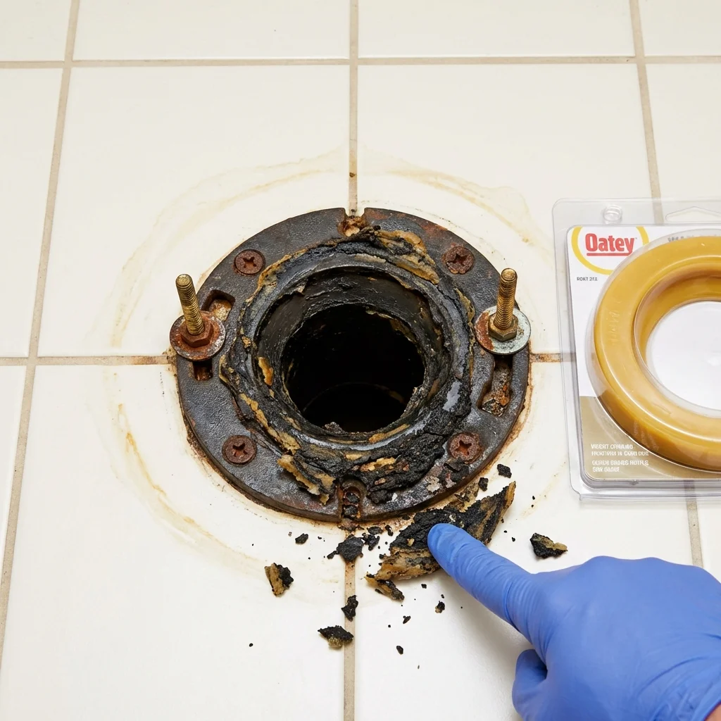 Failed wax ring showing water seepage at the base of a toilet in a Bells, TN home