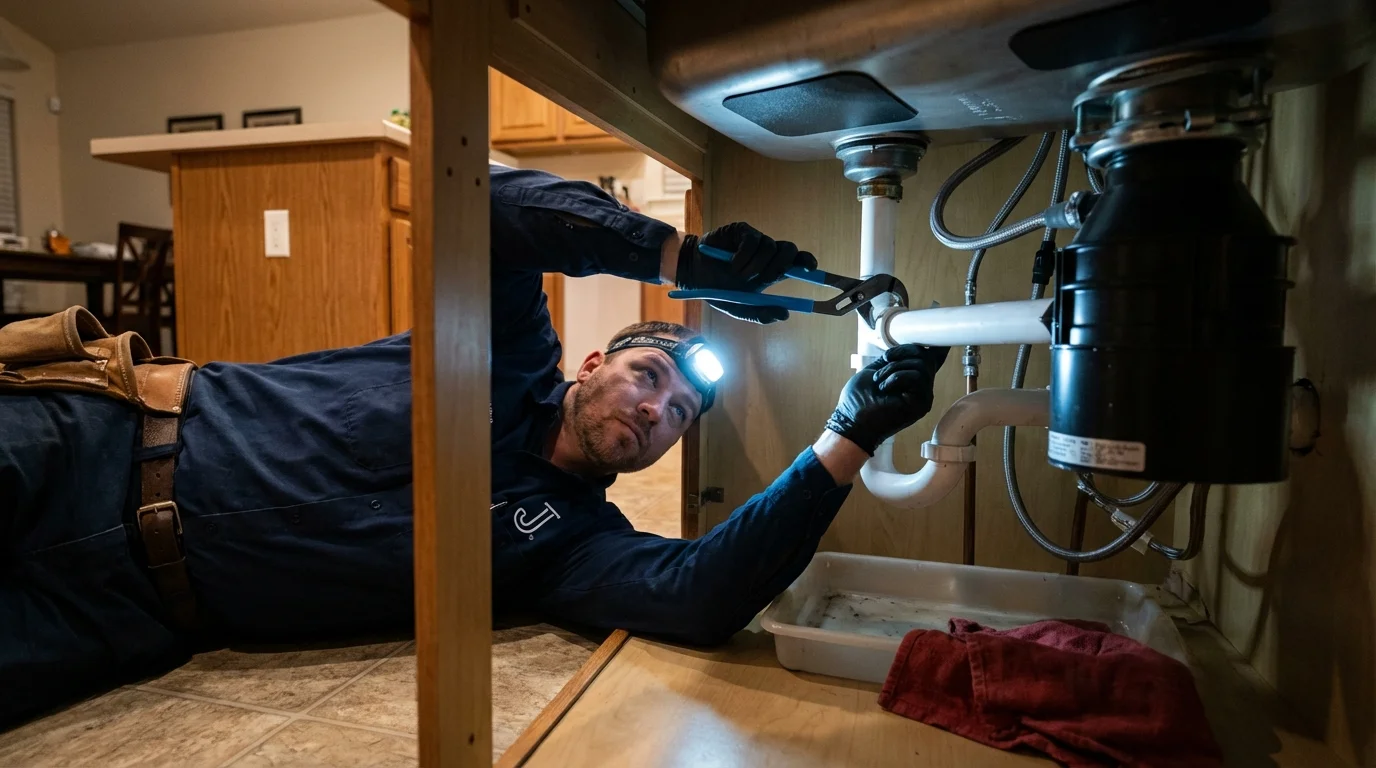 P-trap and supply line connections under a kitchen sink showing a common leak point in Bells, TN